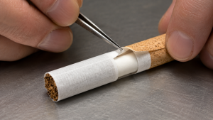 Perbandingan cigarette paper, plug wrap, dan tipping paper pada sampel rokok yang sedang diperiksa.